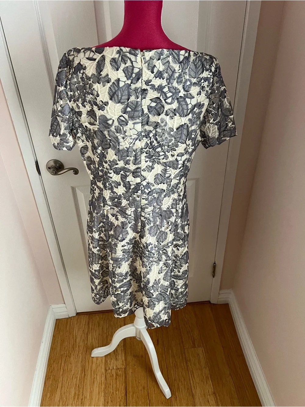 Tory Burch Floral Lace Overlay A-Line Dress - Cream & Gray